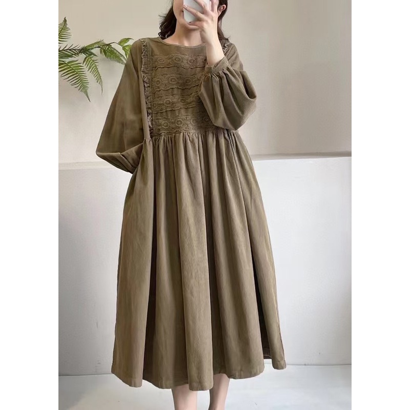 Boutique Dress Spring Corduroy Embroidered Khaki Maxi