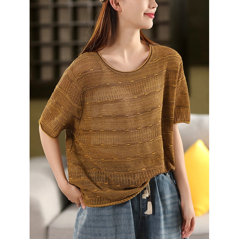 Casual Shirt Stripe Women O-Neck Summer Knitted