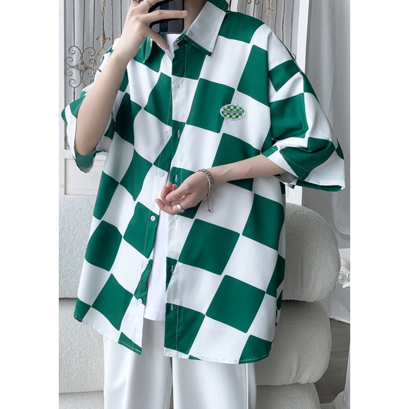 Chic Half Men Ice Silk Shirts Collar Green Peter Pan Plaid Sleeve