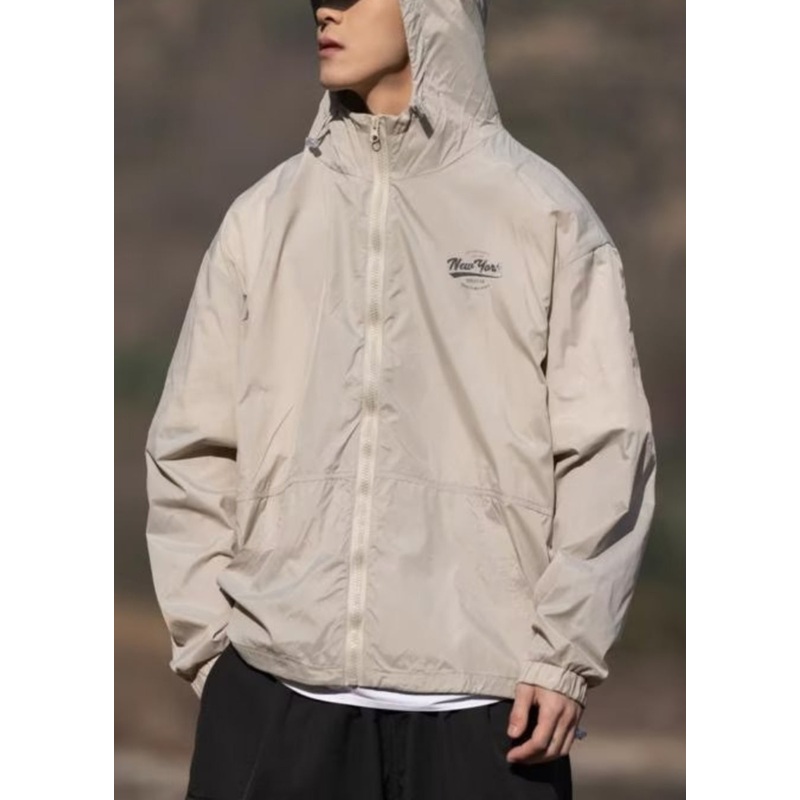Coats Hooded Print Thin Silk Apricot Ice Pockets Summer Mens