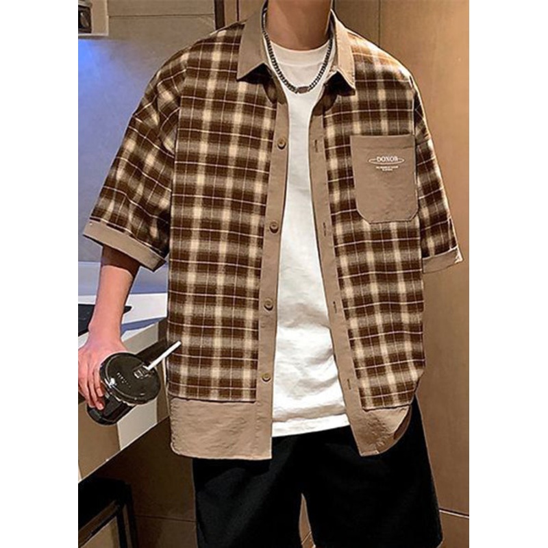 Coffee Cotton Men Shirts Summer Plaid Stylish Button