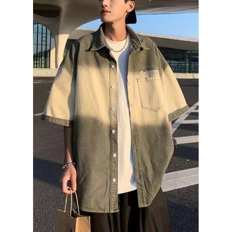 Cotton Shirts Vintage Color Pockets Green Half Gradient Men