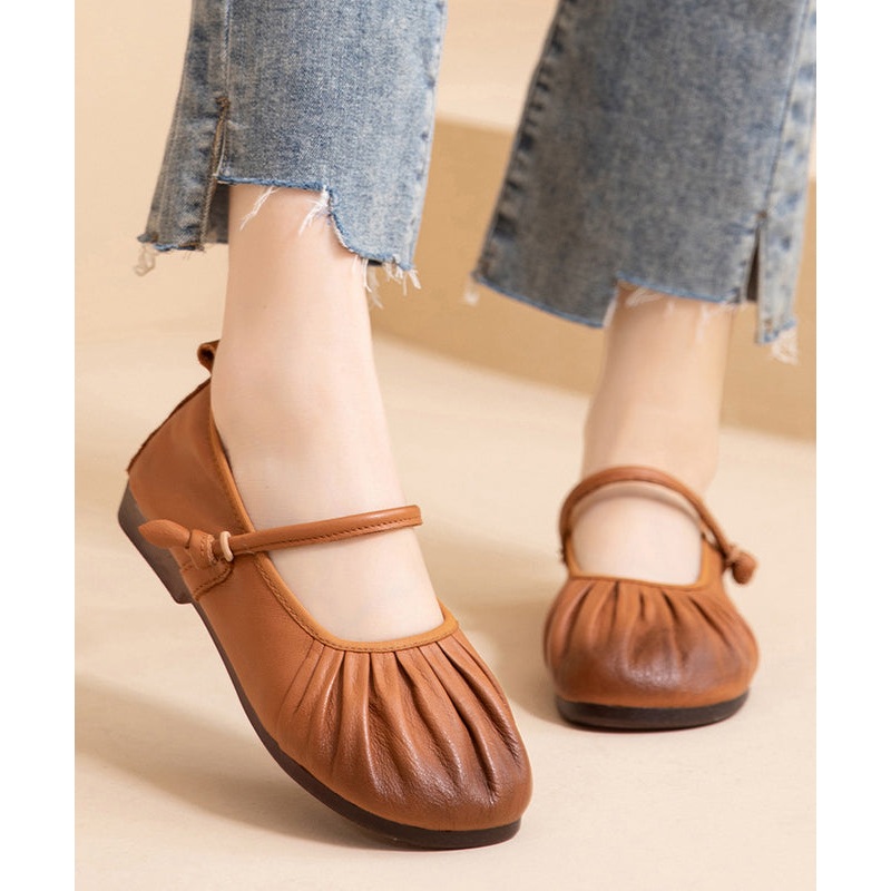 Cowhide Shoes Comfy Leather Brown Flat Women Wrinkled Splicing