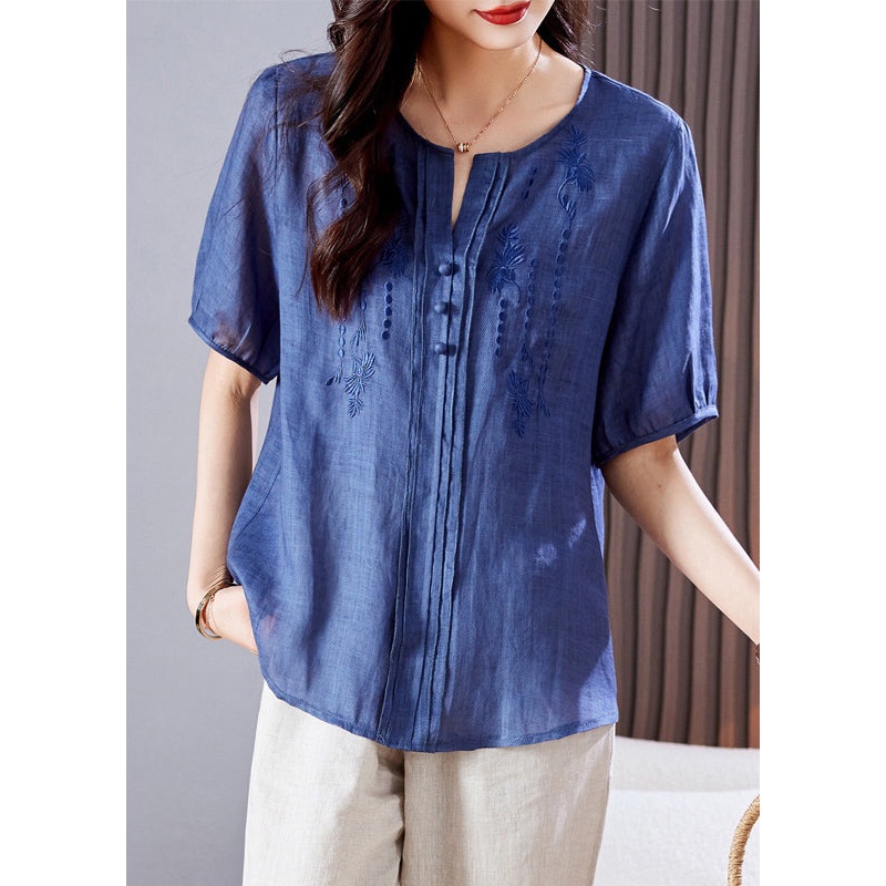 Embroidered Linen Wrinkled Summer Top Blue