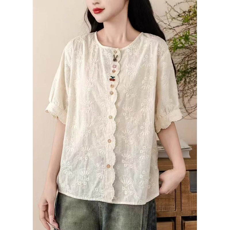 Fine Embroidered Cotton Tops Beige Summer Shirt