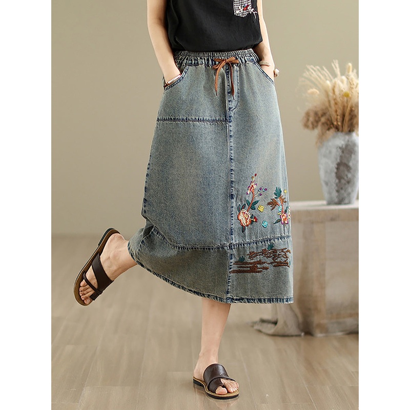 Flower Artsy Spring Embroidery Denim Skirt Women