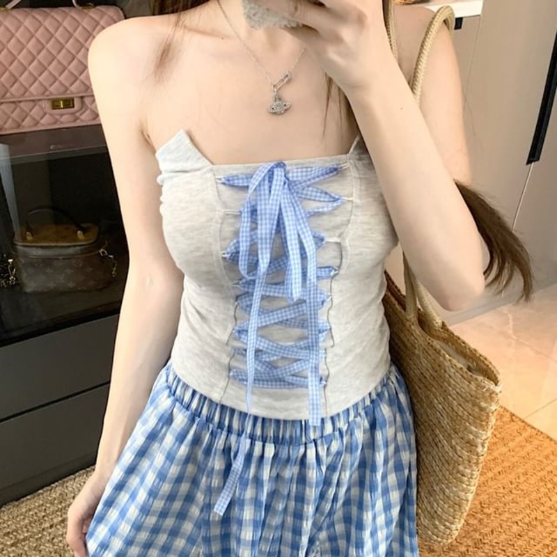 Gingham Top Tube Lace-Up|Blue|S|M