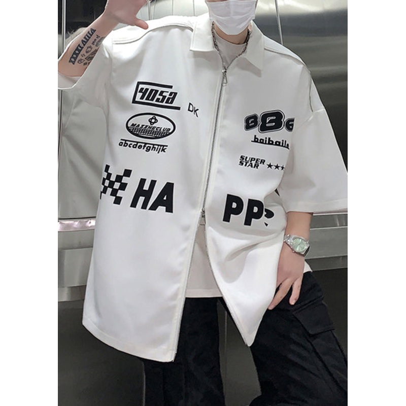 Half Mens Sleeve Cotton Shirt Loose Up Letter Zip White