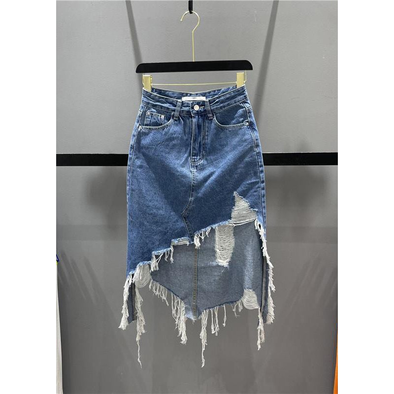 Hole Skirts Chic Tassel Asymmetrical Pockets Denim Blue