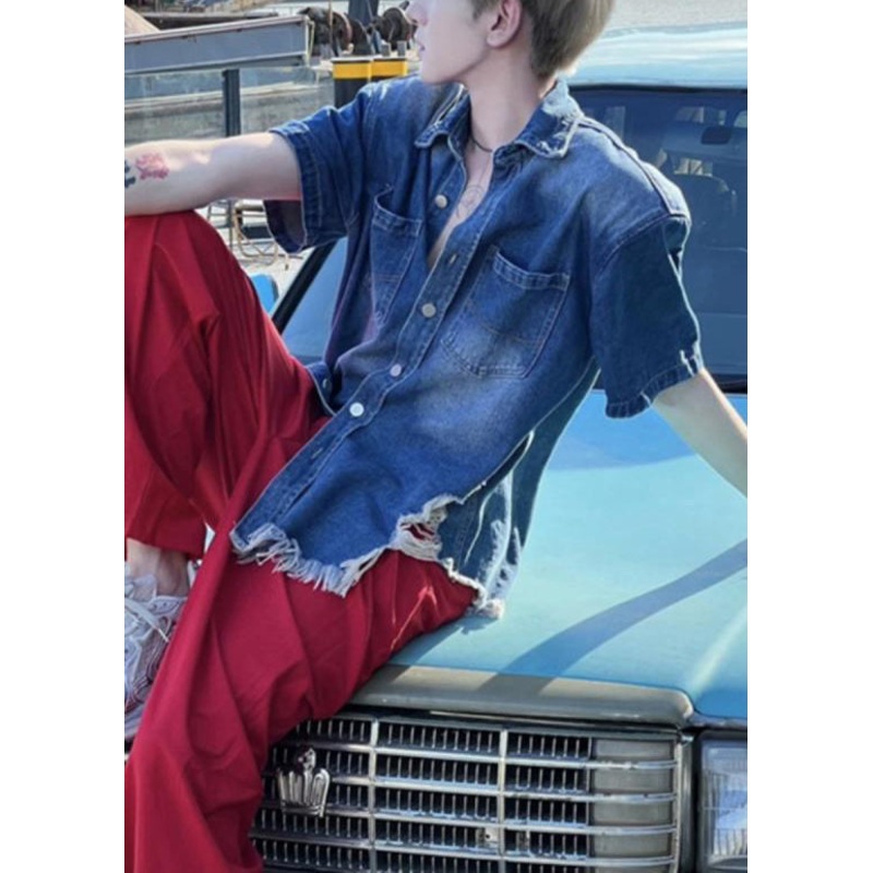 Hole Summer Denim Men’s Shirts Blue Button Vintage