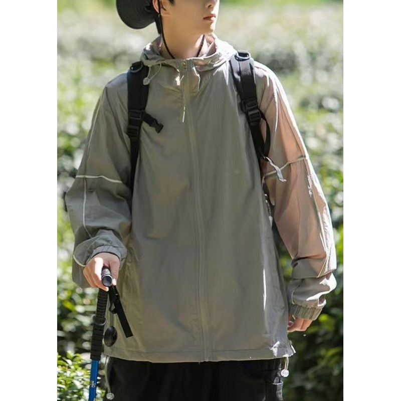 Ice Silk Coat Men Grey Hooded 50+ UPF Pockets Zippered Summer