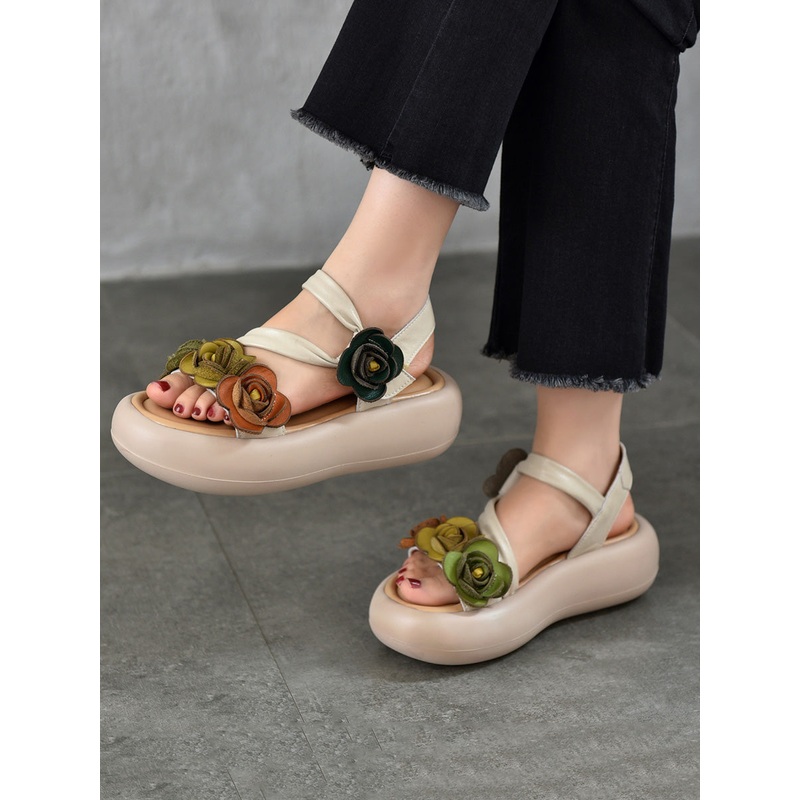 Leather Vintage Sandals FLower Platform Women