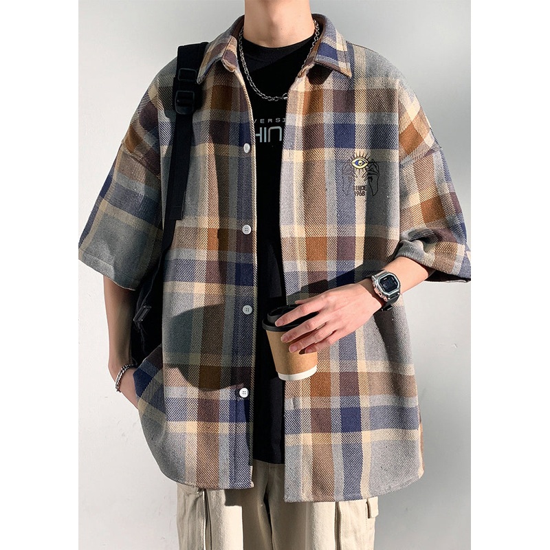 Letter Shirts Collar Blue Cotton Mens Peter Half Art Pan Plaid
