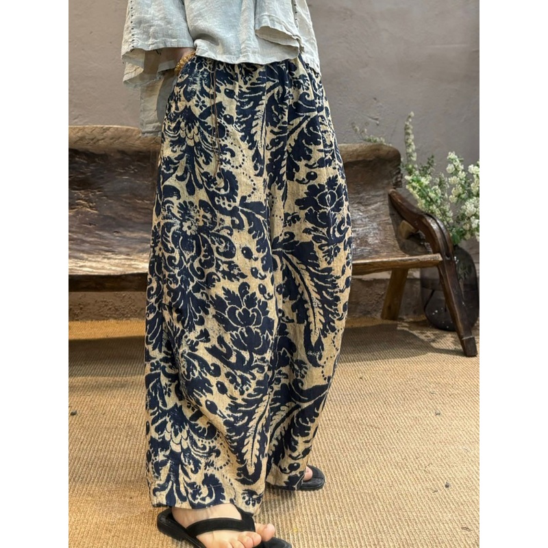 Linen Women Flower Summer Retro Wide-leg Pants