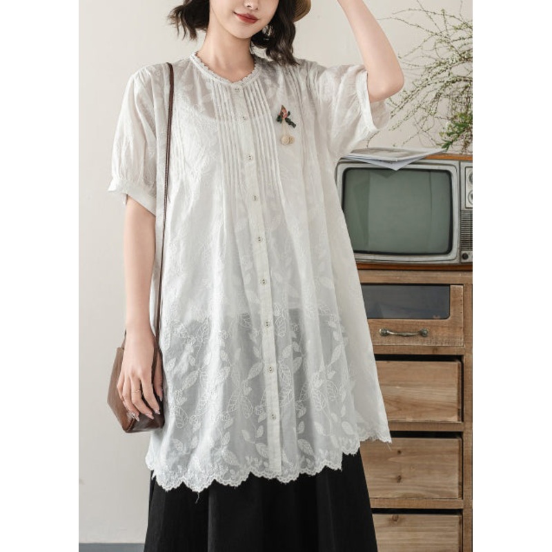 Long Summer Embroidered Cotton White Blouses Chic
