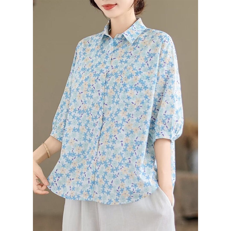 Print Blouse Half Oversized Blue Sleeve Cotton Classy Tops