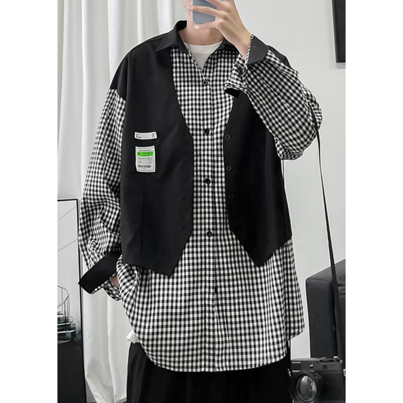 Shirts Cotton Pieces Black Plaid False Two Men French Patchwork