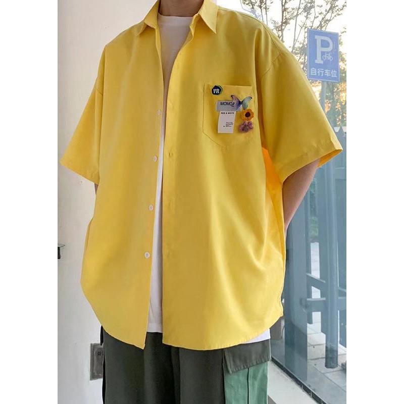 Simple Half Men Button Yellow Pockets Cotton Shirts Sleeve