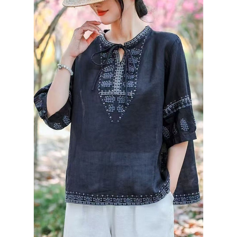 Size Plus Summer Blouses Navy Embroidered Linen