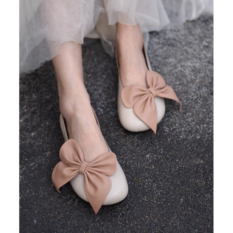 Splicing Faux French Penny Bow Beige Leather Loafers