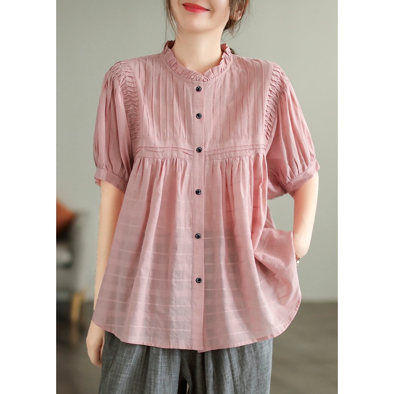 Style Cotton Wrinkled Pink Summer Ruffled Shirt