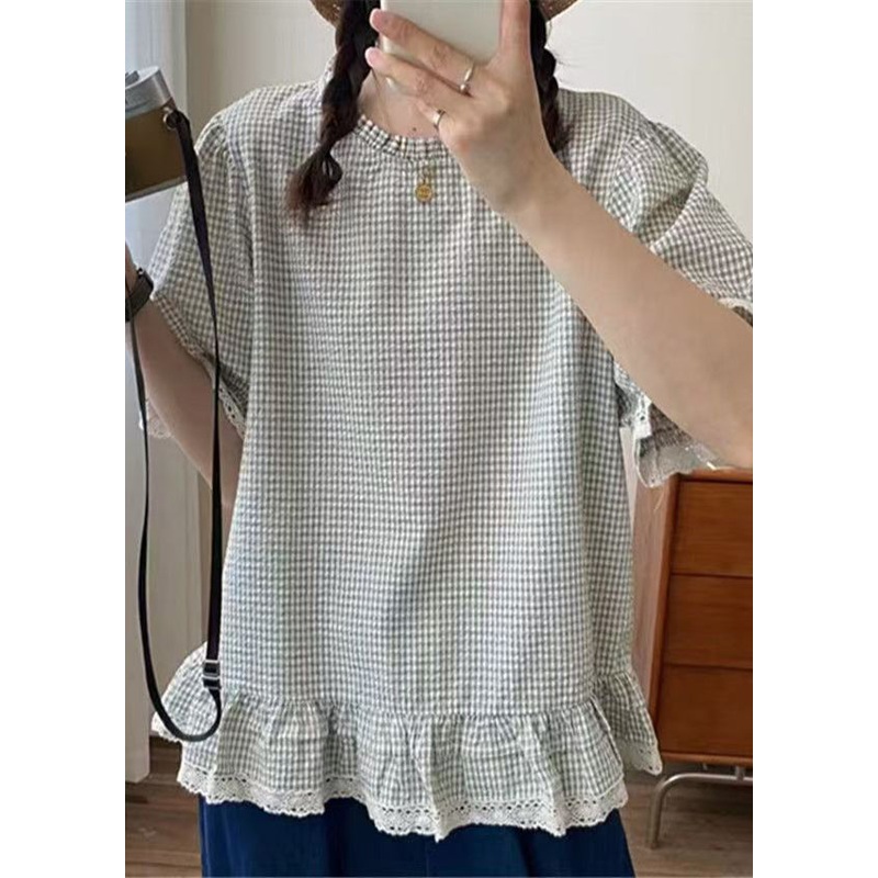 Summer Art Shirt Cotton Ruffles Apricot Plaid