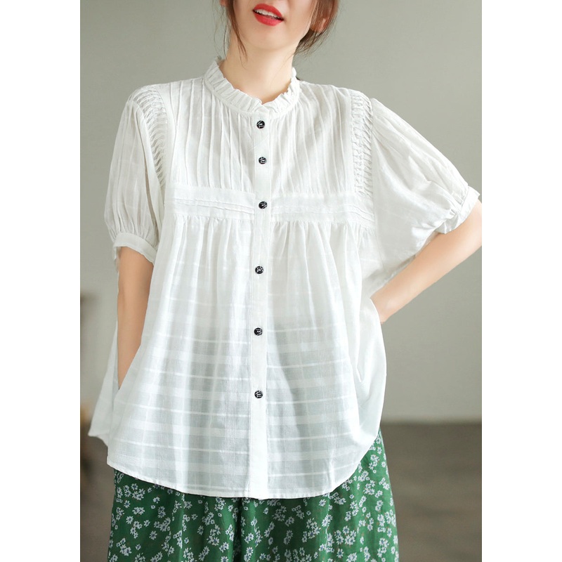 Summer Blouse Fine Collar White Top Wrinkled Cotton Stand