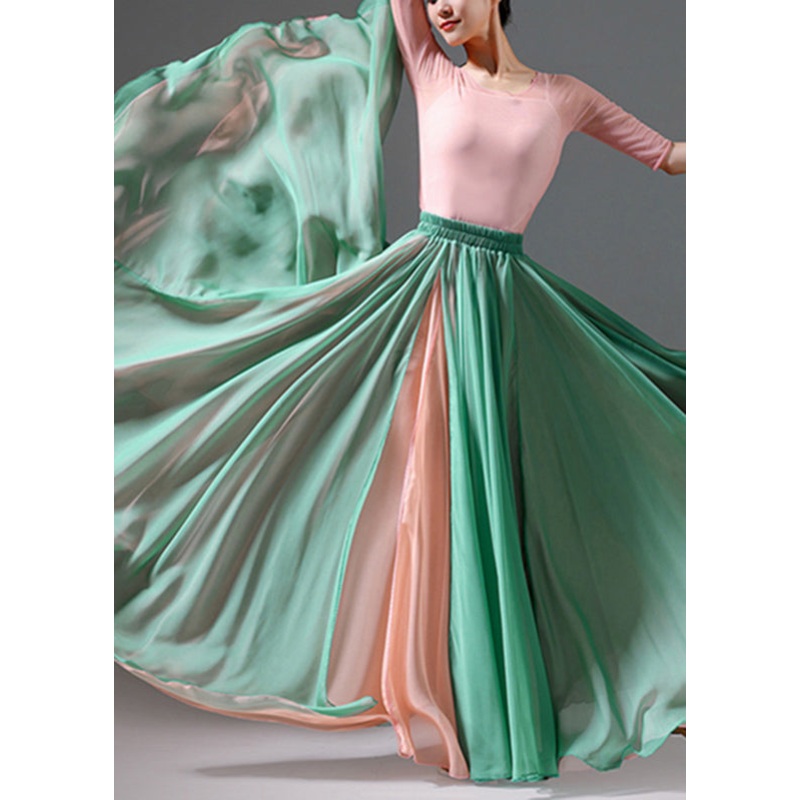 Summer Waist Green Silk Maxi High Skirt Vintage Grass Patchwork