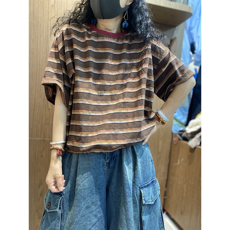 Summer Women Retro Shirt O-Neck Stripe Cotton