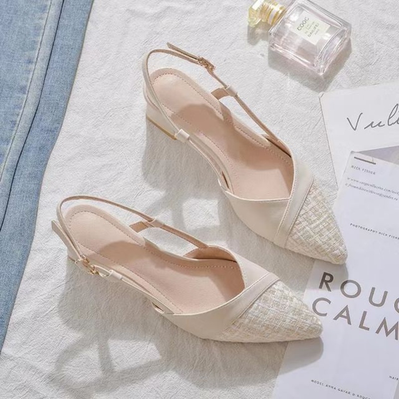 Tweed Pumps Block Slingback Toe Pointed Heel Panel