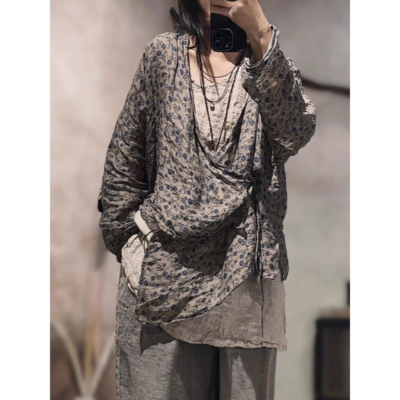 V-Neck Shirt Women Ramie Stripe Vintage Summer Floral