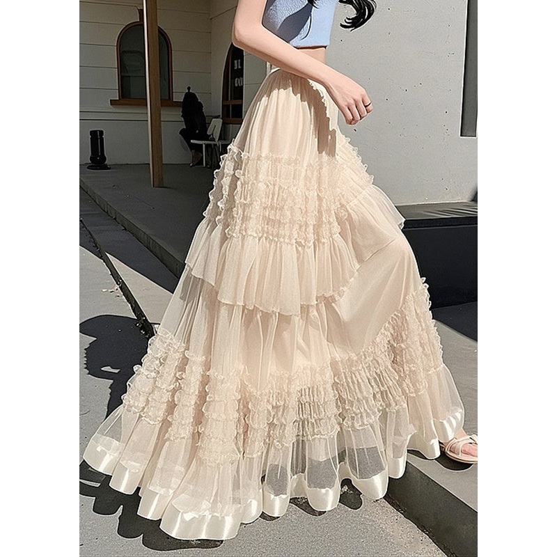 Waist Ruffled Maxi Skirts Fashion Summer Apricot Elastic Tulle