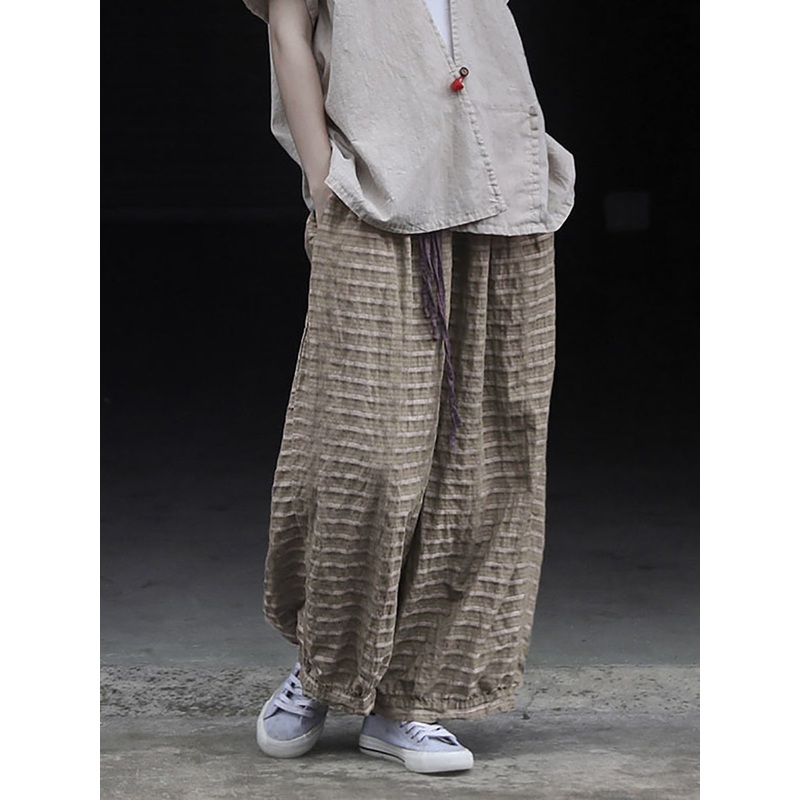 Women Ramie Summer Stripe Pants Retro Wide-leg