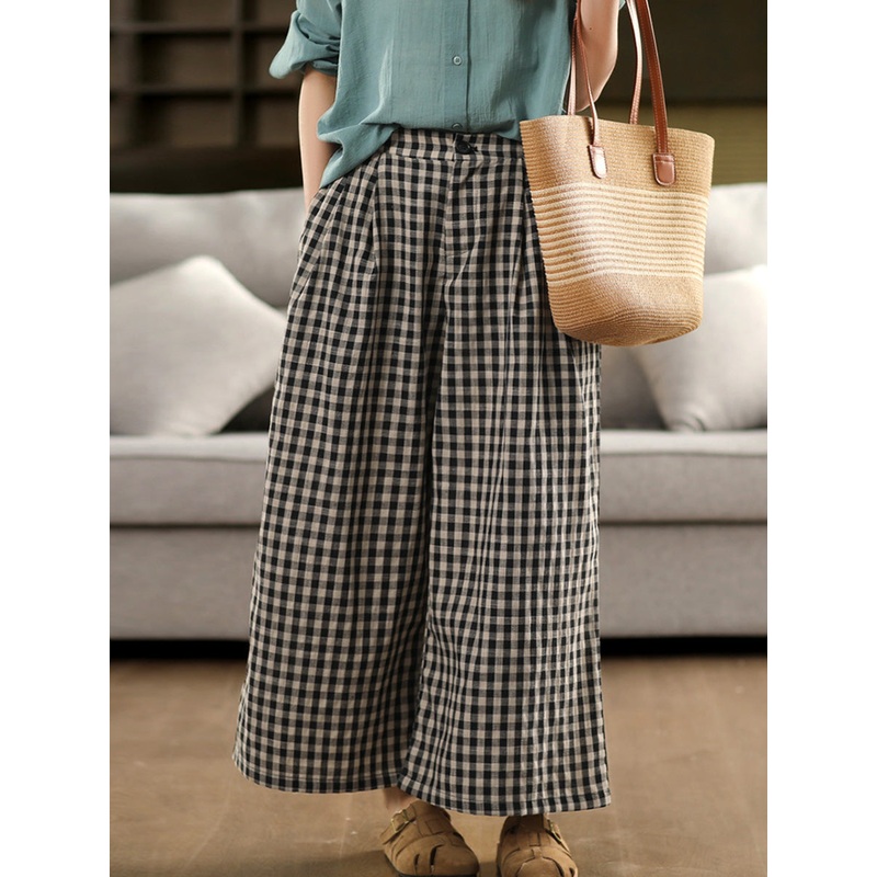 Women Wide-leg Cotton Summer Pants Vintage Plaid