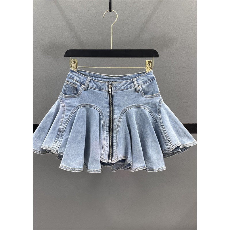 Zippered Denim Blue Ruffled French Patchwork Skirt Summer