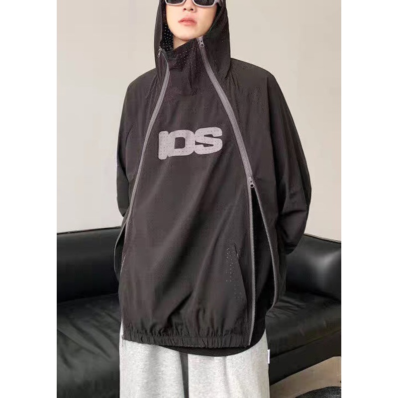 Zippered Men Hooded Coat Black Size Thin Mesh Plus Summer