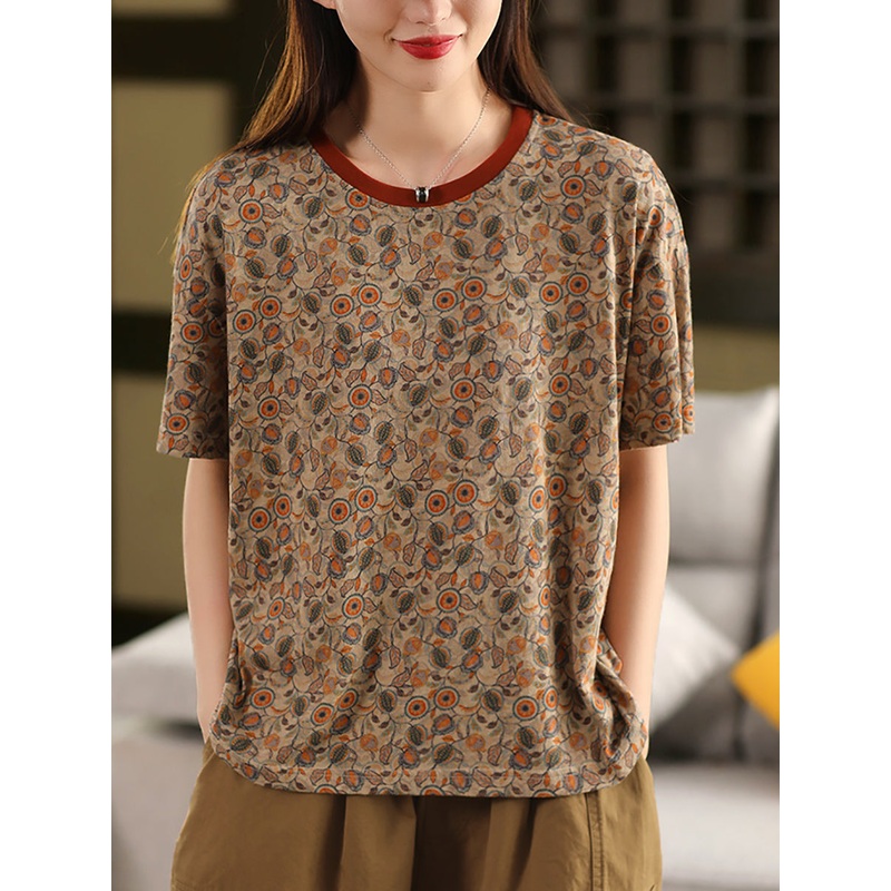 100%Cotton Summer Retro Flower Shirt Women O-Neck
