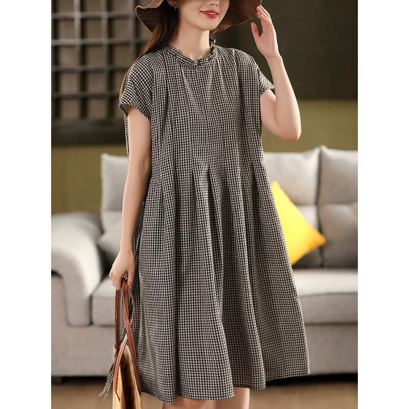 100%Cotton Women Collar Stand Dress Plaid Summer Vintage