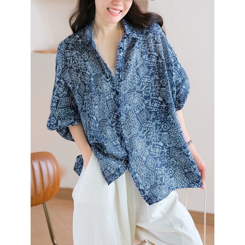 100%Ramie Artsy Turn-down Summer Women Collar Shirt Print