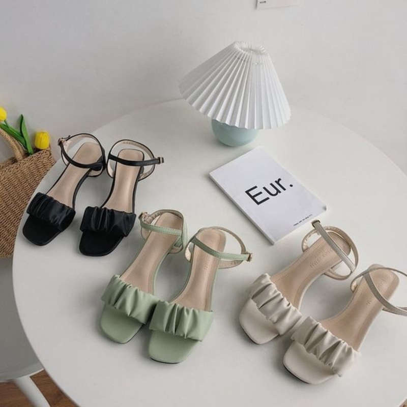 Ankle Ruched Sandals Strap|Black|Light Green|Off-White|35|36|37|38|39|40|41|42