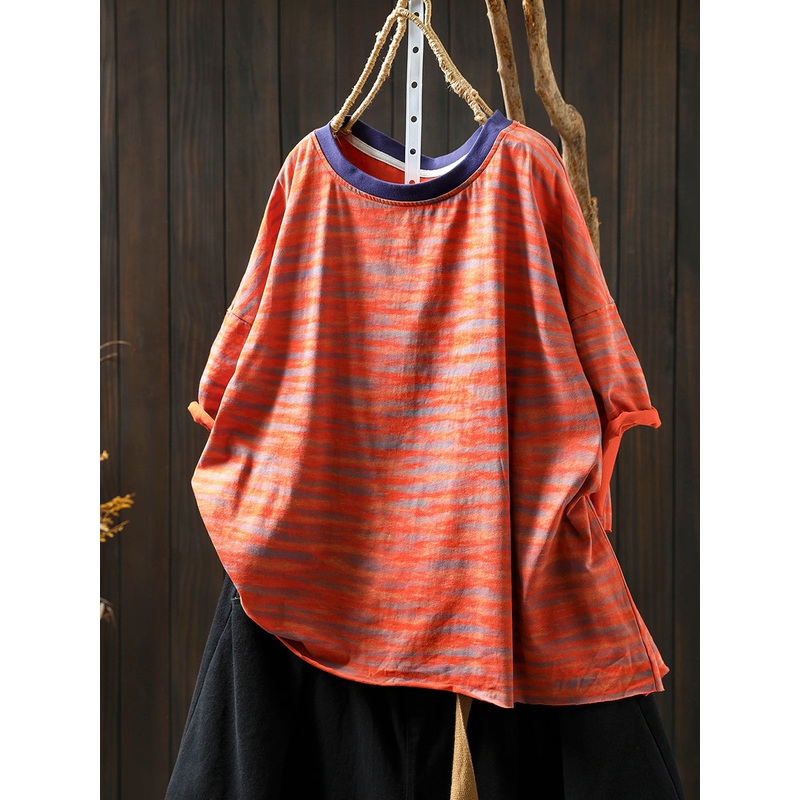 Casual O-Neck Summer Stripe Colorblock Women Shirt