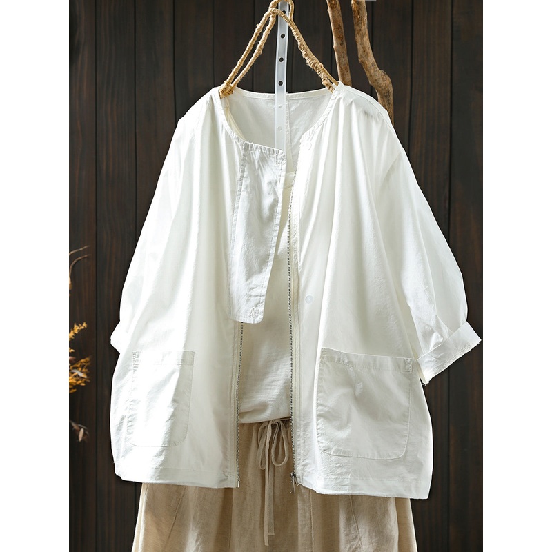 Coat Women Summer Color Shirt Pure O-Neck Zipper