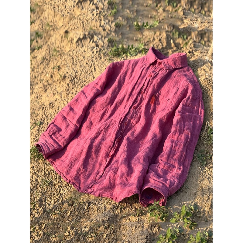 Collar Turn-down Linen Retro Summer Pure Shirt Color Women