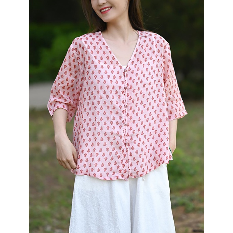 Floral Shirt V-Neck Women Vintage Summer 100%Ramie