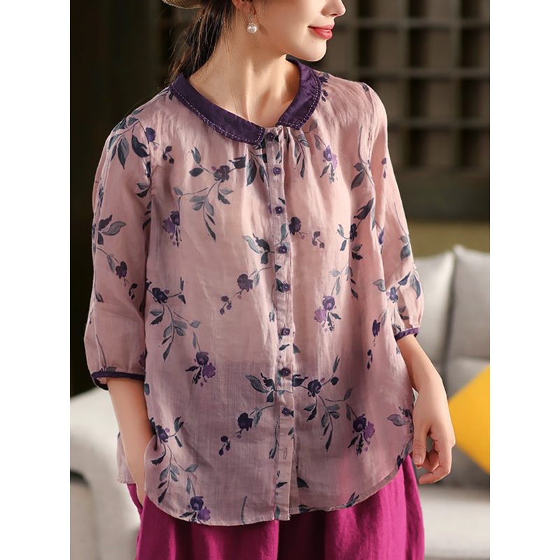 Flower 100%Ramie Turn-down Women Artsy Shirt Summer Collar