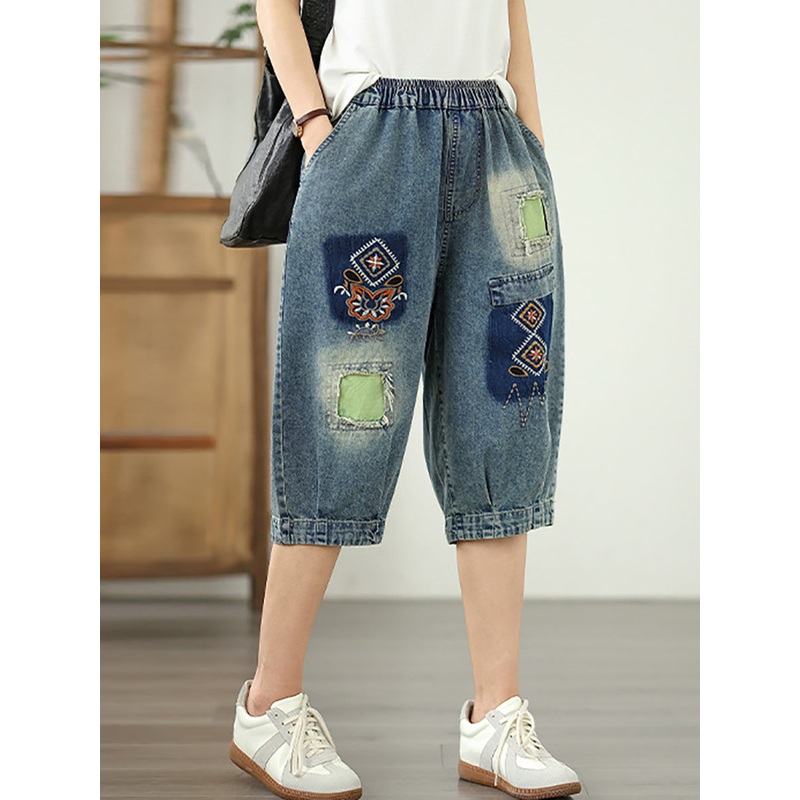 Flower Denim Patchwork Retro Fifth Women Embroidery Pants