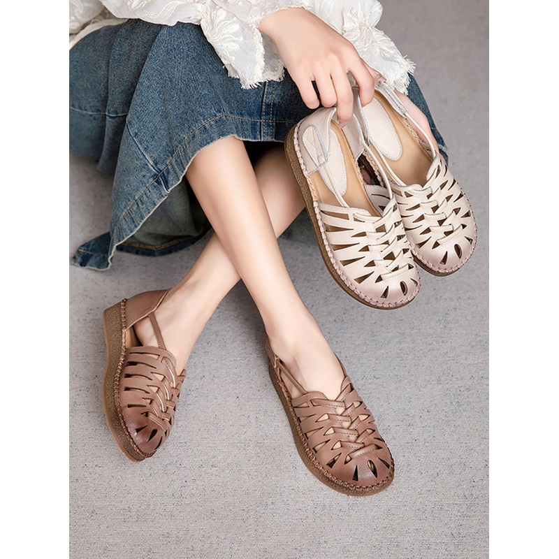 Heel Women Sandals Summer Weave Low Leather