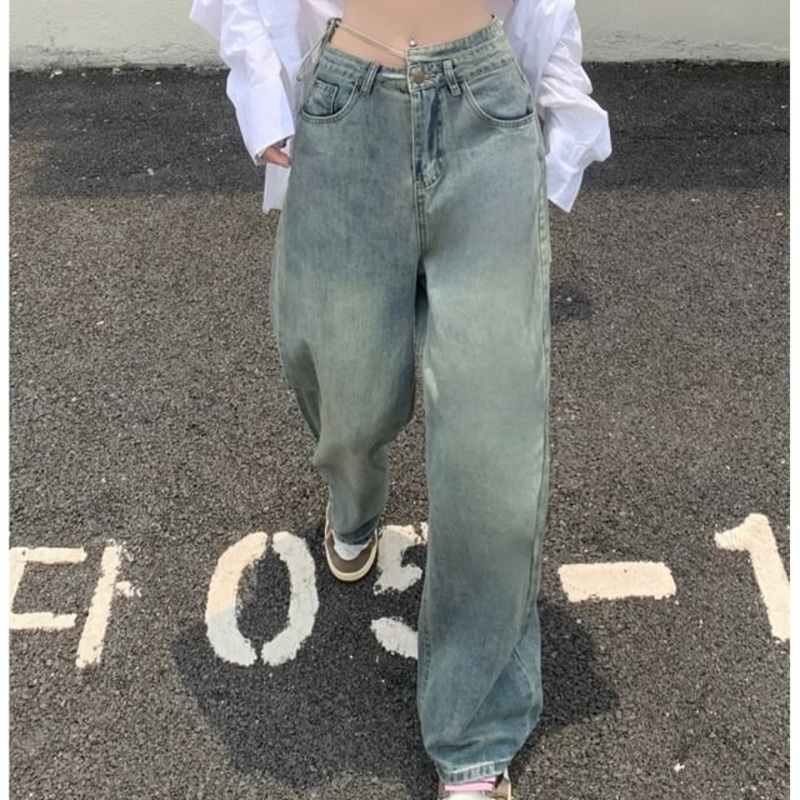 Jeans Waist Washed Wide High Leg