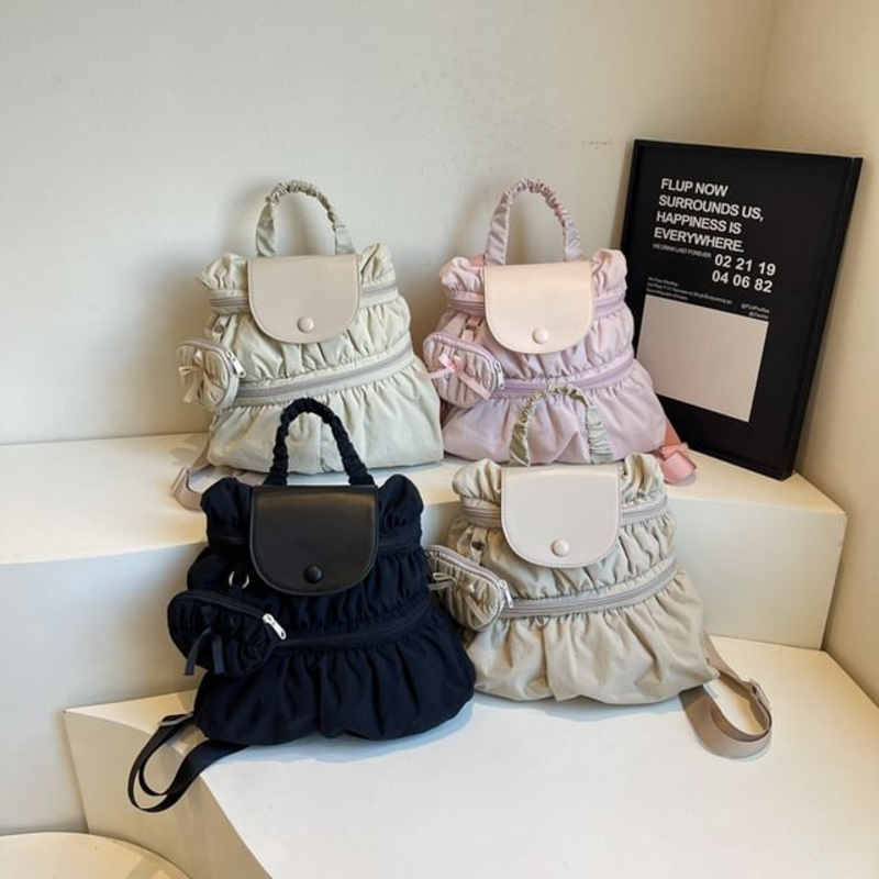 Textile Plain Backpack|Black|Khaki|Off-White|Pink|One Size