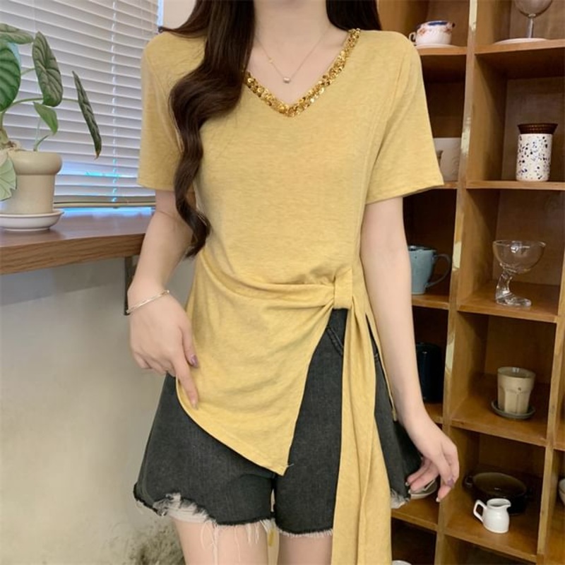 Trim Short-Sleeve Asymmetrical Lace Top Plain V-Neck